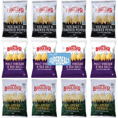 Boulder Canyon | Variety | 4 Sea Salt & Cracked Pepper, 4 Malt Vinegar & Sea Salt, 4 Jalapeno Cheddar | Kettle Style Potato Chips | 1.5 Ounce | Pack of 12 Bundled by SUPERDEALS with Mystery Gift