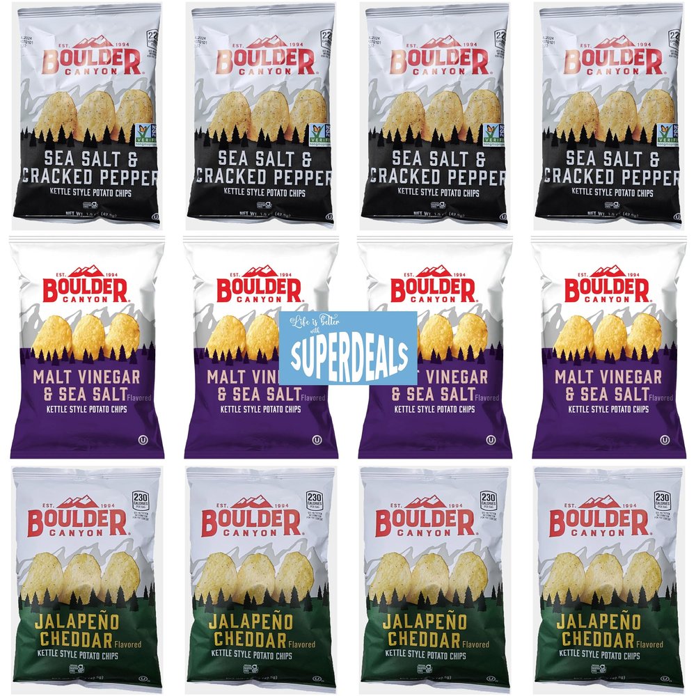 Boulder Canyon | Variety | 4 Sea Salt & Cracked Pepper, 4 Malt Vinegar & Sea Salt, 4 Jalapeno Cheddar | Kettle Style Potato Chips | 1.5 Ounce | Pack of 12 Bundled by SUPERDEALS with Mystery Gift