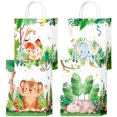 16Pieces Safari Goodie Bags Jungle Animals Party Favor Bags with Handles Zoo Animals Print Candy Bags Woodland Gift Bags for Baby Birthday Jungle Themed Party Supplies (Party-B)