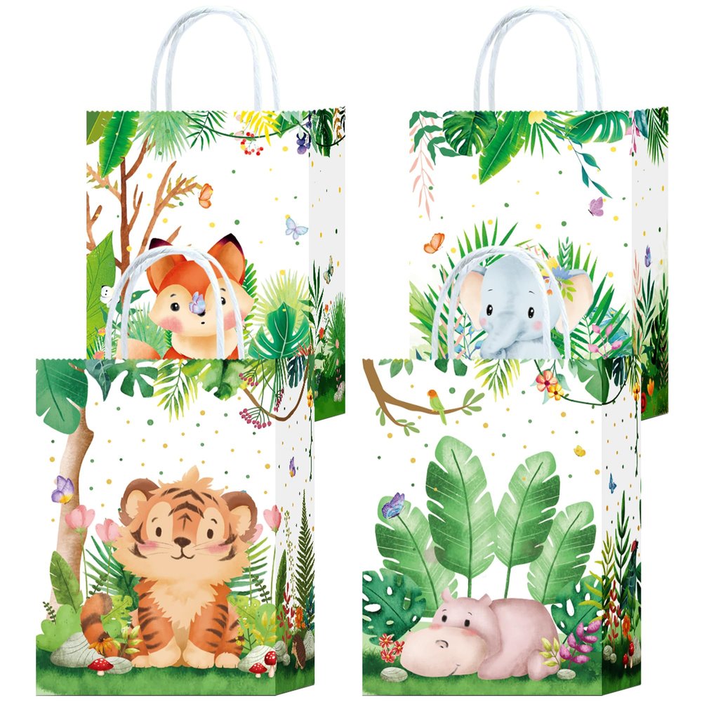 16Pieces Safari Goodie Bags Jungle Animals Party Favor Bags with Handles Zoo Animals Print Candy Bags Woodland Gift Bags for Baby Birthday Jungle Themed Party Supplies (Party-B)