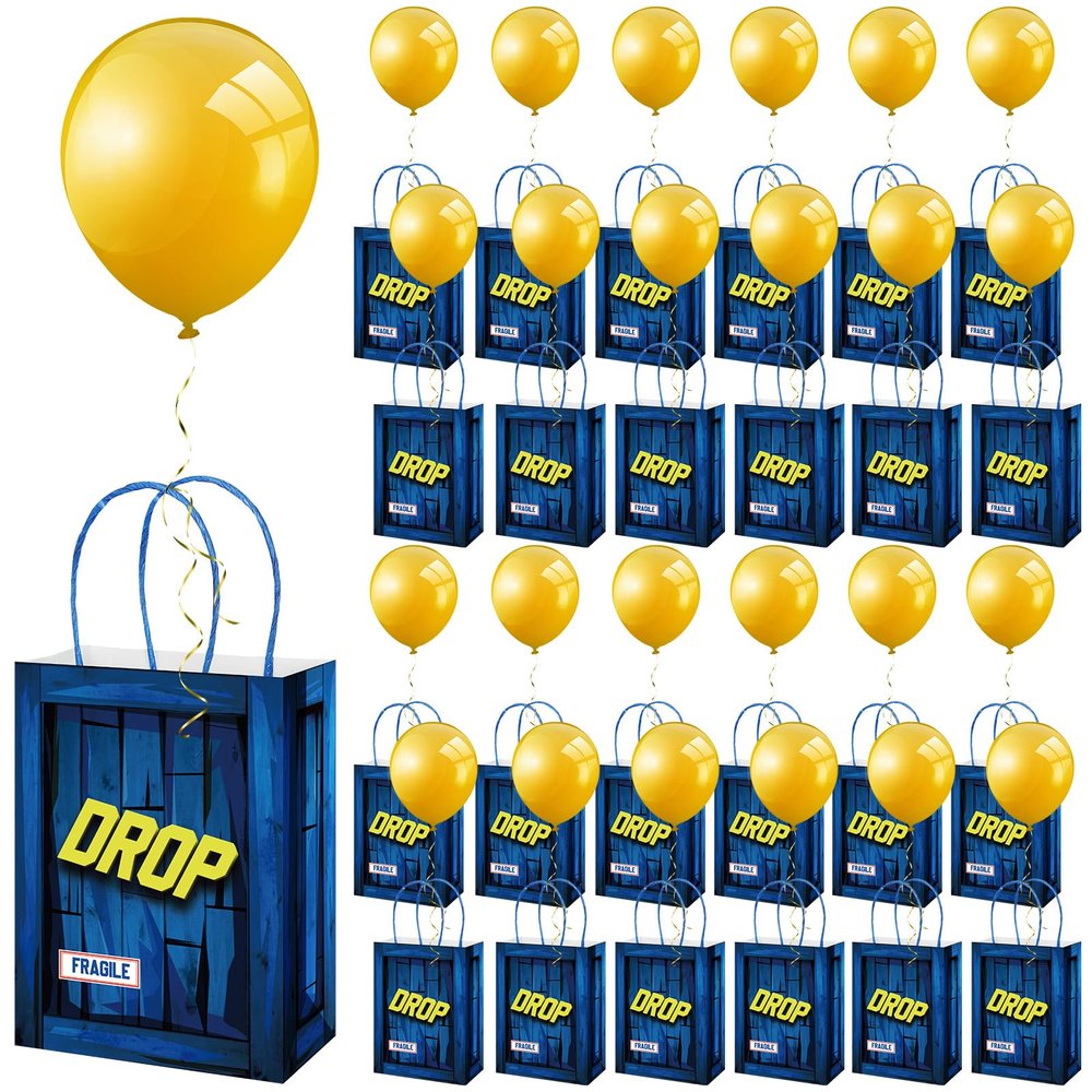VercanMonth 24 Set Game Party Military Supply Loot Drop Box Party Favors Yellow Balloon Ribbon Battle Gifts Bags for Gamers Boys Birthday Graduation Decoration