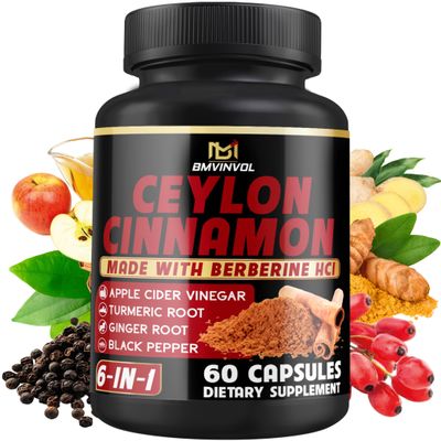 Ceylon Cinnamon Capsules with Berberine HCl, Apple Cider Vinegar, Turmeric, Ginseng, Black Pepper - 6in1 for Support Immune Function - 60 Count