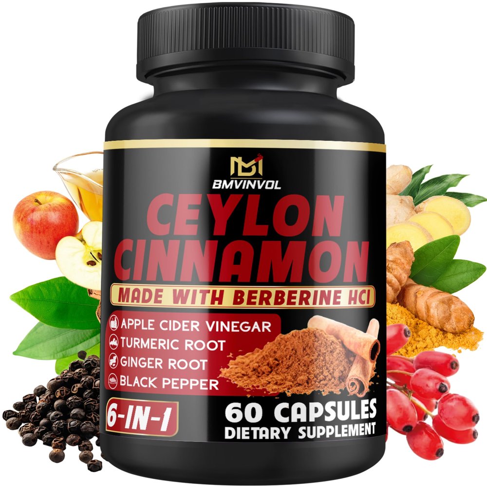 Ceylon Cinnamon Capsules with Berberine HCl, Apple Cider Vinegar, Turmeric, Ginseng, Black Pepper - 6in1 for Support Immune Function - 60 Count