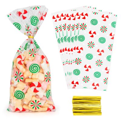 Christmas Treat Bags, 100 Pack Christmas Candy Bags, Cellophane Treat Bag with Twist Ties, Xmas Lollipop Goodie Cookie Gift Bag, Cello Holiday Treat Bags for Gift Wrap Sweets Xmas Party Favor Supplies