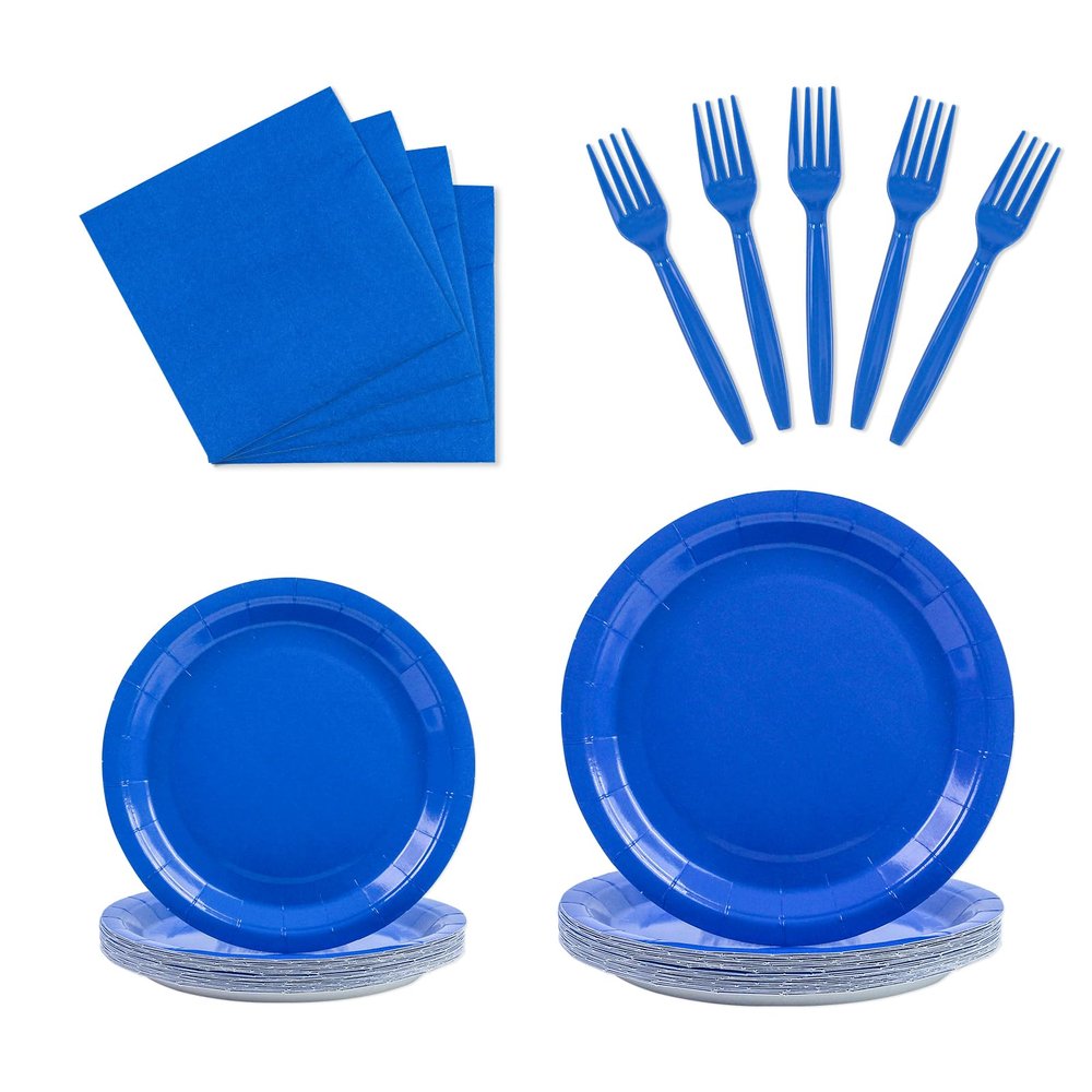 100PCS Blue Paper Plates Disposable Party Tableware Set Includes 7in & 9in Paper Plates Napkins and Forks Party Decoration Supplies for Birthday Graduation Wedding and Holiday, Serve 25