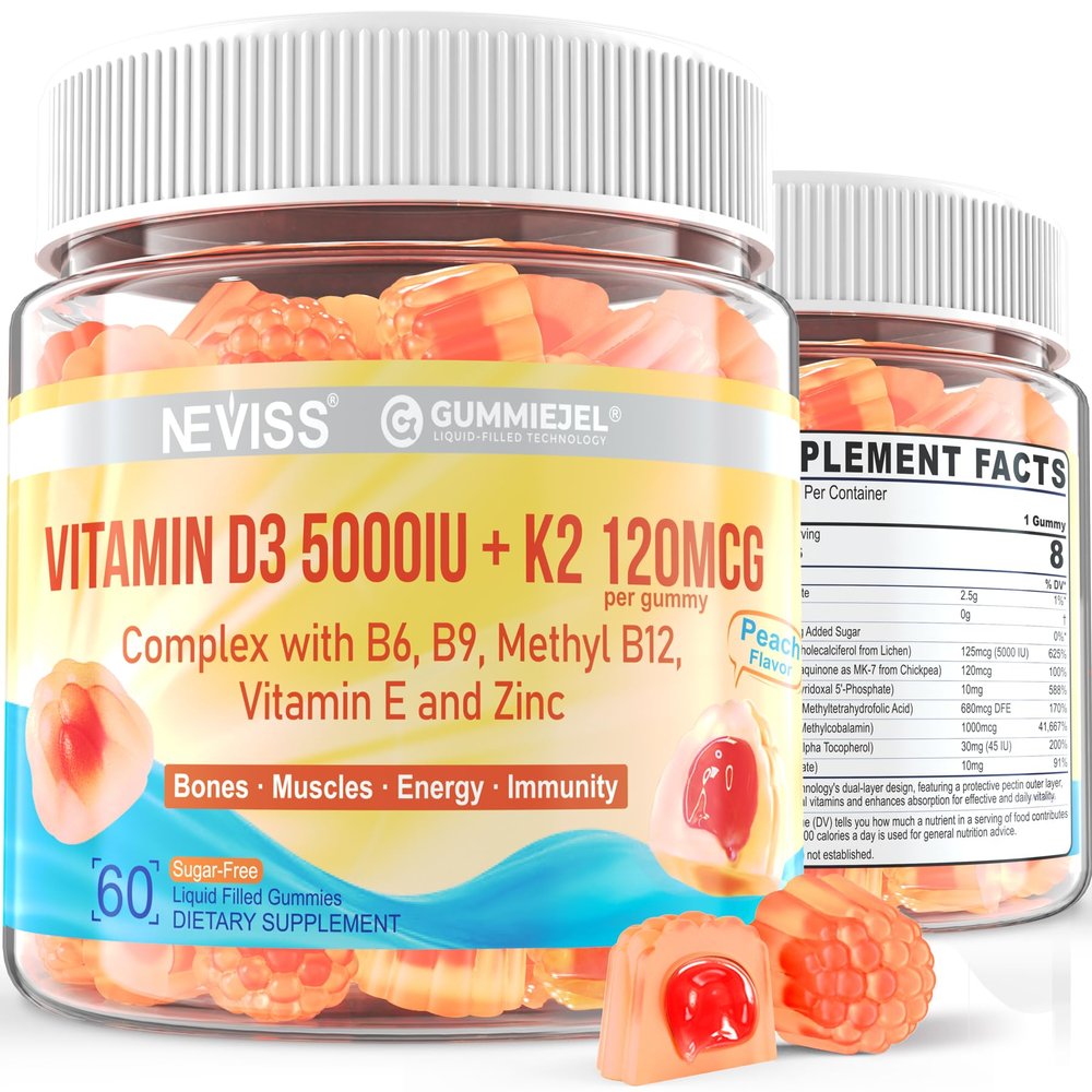 Vitamin D3 5000IU + K2 (MK-7) 120mcg, Sugar-Free Vitamin D3 K2 Filled Gummies with Vitamin B Complex - Methyl B12, B9, B6 | Vitamin E & Zinc, MCT Oil - Supports Bone & Teeth Strength, Immune, 2PACK