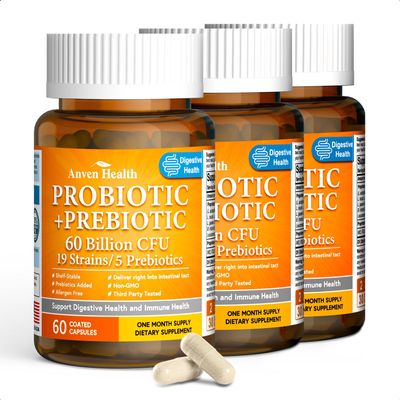 60 Billion Probiotic and Prebiotic for Women and Men - 19 Strains 5 Organic Prebiotics for Gut Digestive & Immune Health, Supports Diarrhea Gas Bloating, Non-GMO Made in USA180 Caps