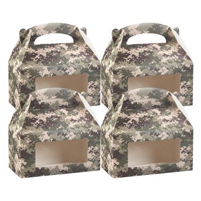 Bio Tek 9.5 x 5 x 5 Inch Gable Boxes For Party Favors, 100 Attractive Gift Boxes - Camouflage Print, Built-In Handle, Paper Barn Boxes, With Clear PET Window, For Parties