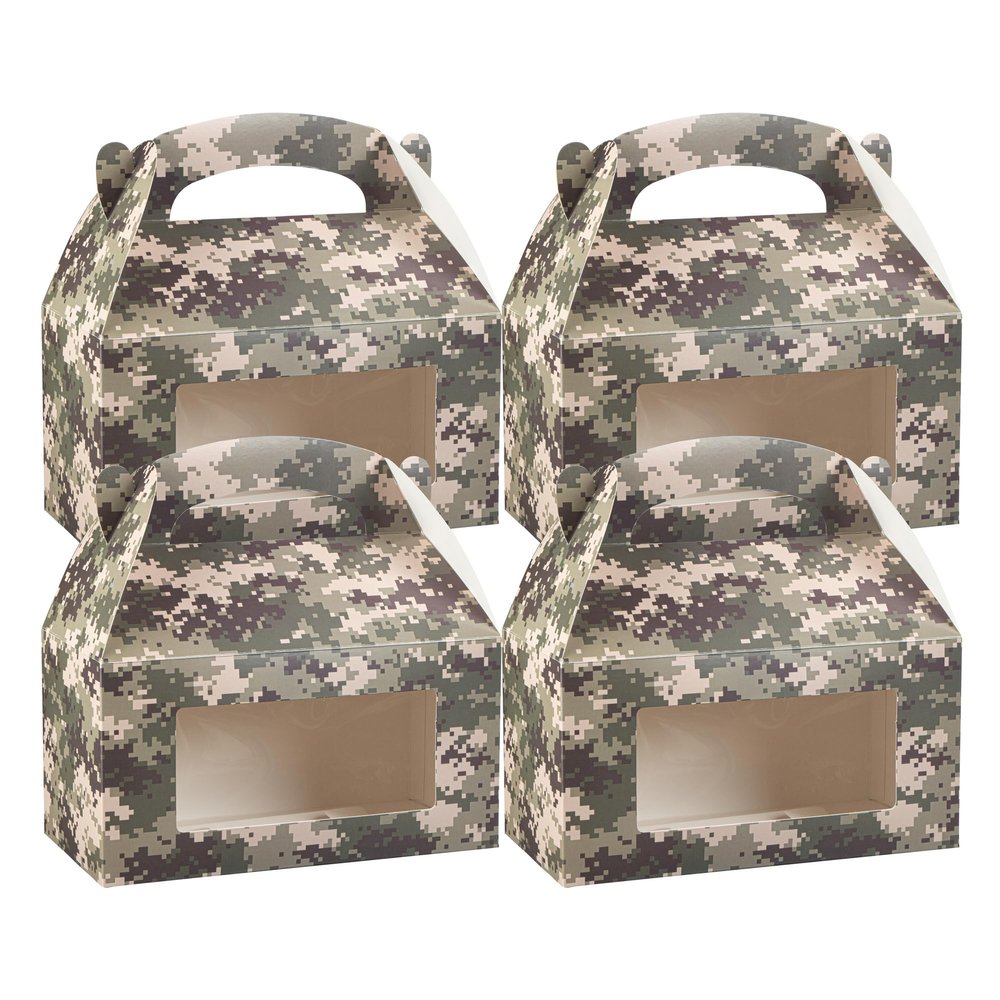 Bio Tek 9.5 x 5 x 5 Inch Gable Boxes For Party Favors, 100 Attractive Gift Boxes - Camouflage Print, Built-In Handle, Paper Barn Boxes, With Clear PET Window, For Parties