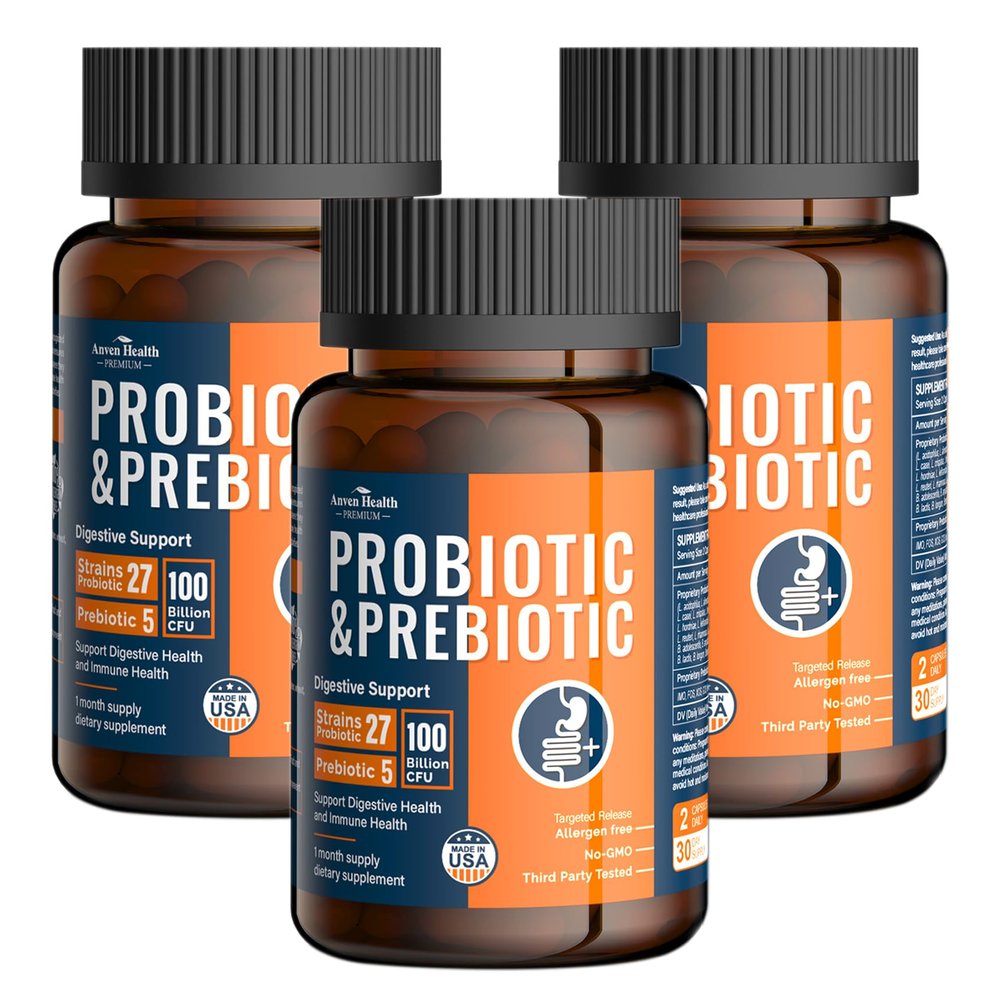 Anven Health 100 Billion Probiotics for Men and Women 27 Strains 5 Organic Prebiotics for Gut Digestive & Immune Health, Supports Diarrhea Gas Bloating, Non-GMO, Zero Fillers  Made in USA180 Caps