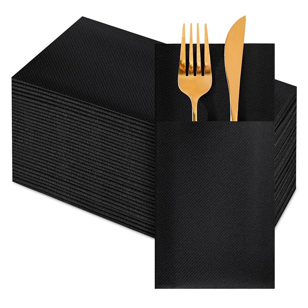 50 Pack Black Disposable Napkins, Built-In Flatware Pocket, Black Linen-Feel Dinner Napkins, Prefolded for Weddings, Parties & Special Events
