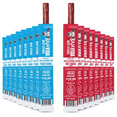 BAJA Jerky Beef Sticks Variety Pack - Meat Sticks, Snack Packs, Individually Wrapped, Healthy Jerky, Spicy Sticks, High Protein, All Natural Beef - Traditional & Hot Sauce, 1 Oz Sticks (8 Each)