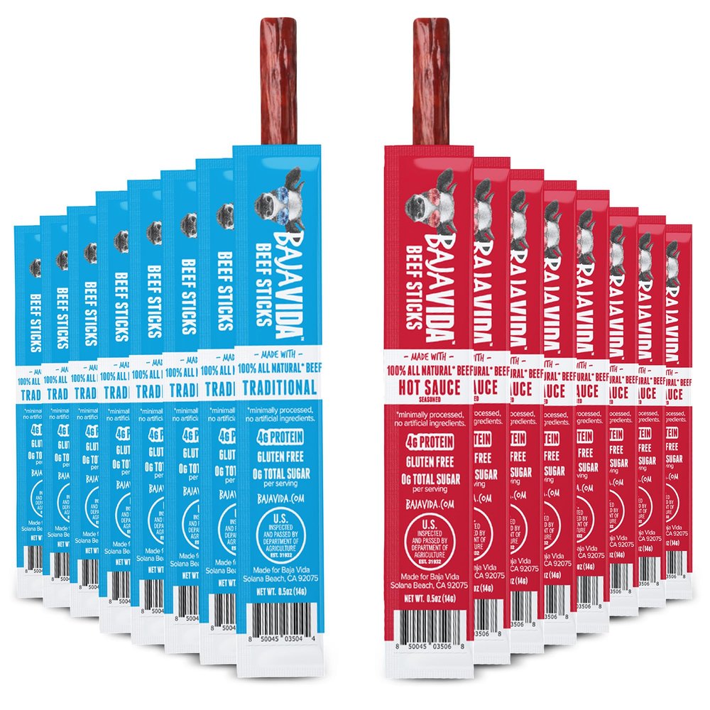 BAJA Jerky Beef Sticks Variety Pack - Meat Sticks, Snack Packs, Individually Wrapped, Healthy Jerky, Spicy Sticks, High Protein, All Natural Beef - Traditional & Hot Sauce, 1 Oz Sticks (8 Each)