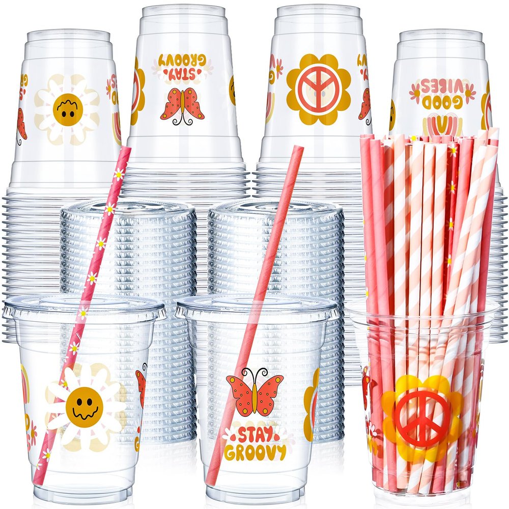 Blushtier 300 Pcs Groovy Disposable Plastic Cups with Lids and Straws 12oz Groovy Party Favors Supplies Boho Retro Hippie Clear Drinking Cups for Party