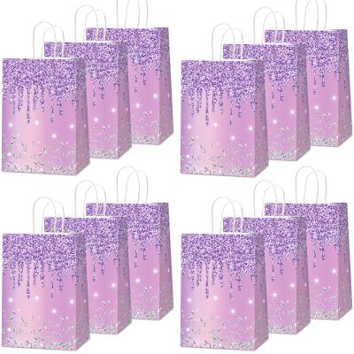 12Pcs Purple and Silver Gift Bags Glitter Diamond Goodie Bag Happy Birthday Treat Bag Glitter Purple Candy Bags Supplies for Wedding Bridal Baby Shower Holiday Party Favors Decorations 4.7*3.15*8inch