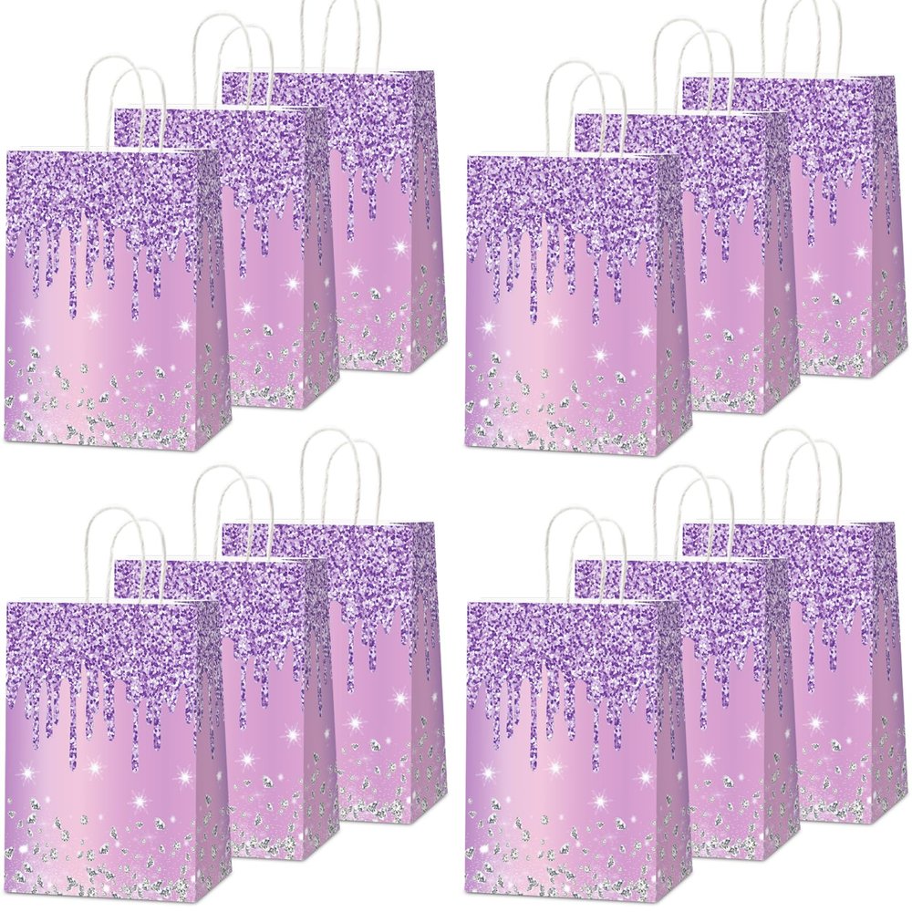 12Pcs Purple and Silver Gift Bags Glitter Diamond Goodie Bag Happy Birthday Treat Bag Glitter Purple Candy Bags Supplies for Wedding Bridal Baby Shower Holiday Party Favors Decorations 4.7*3.15*8inch