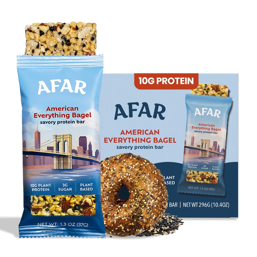 Afar Savory Protein Bars  Low Sugar, High Protein  Healthy Snacks for Adults  Meal Replacement Bar  Rice Crispy Texture  Vegan, Gluten Free (8 Bars, American Everything Bagel)