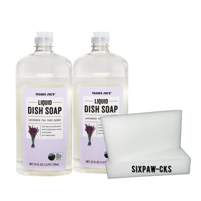 SIXPAW-CKS Trader Joes Liquid Dish Soap Lavender Tea Tree Scent 25.Fl (2 Pack) |Bundled Sponge all-purpose|