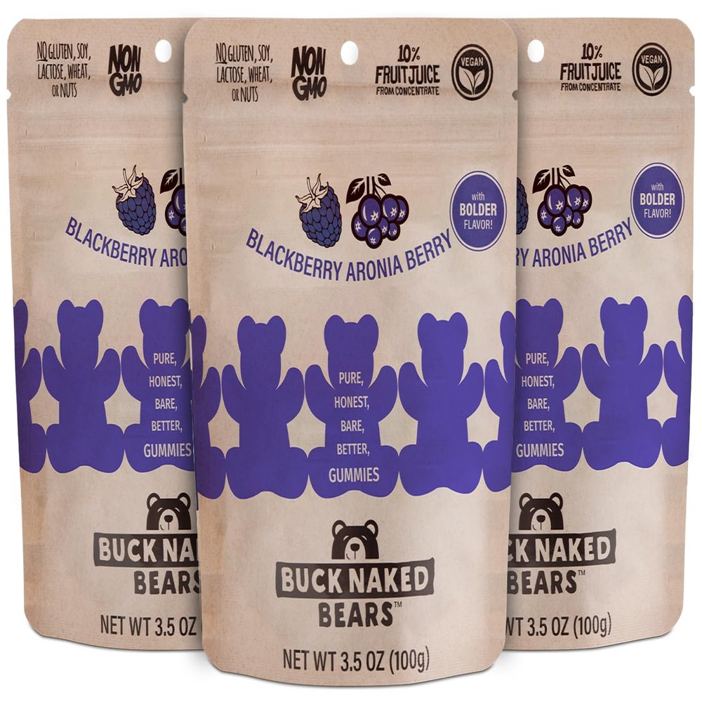 Buck Naked Bears - Blackberry Aronia Berry Gummy Bears - Soft, Smooth, and Sweeter Like a Fruit Snack - Plant-Based Gummies Good Snack Choice - Non-GMO - Clean Label Gummy Candy, Vegan - 3.5oz 3-Pack