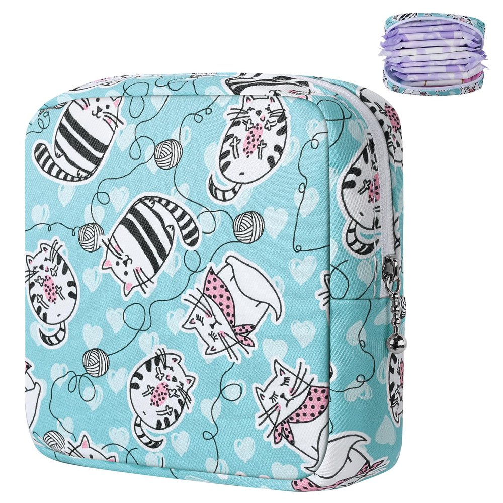 Likesing Tampon Holder for Purse, Canvas Period Bag Pouch-Yarnball Blue Cat