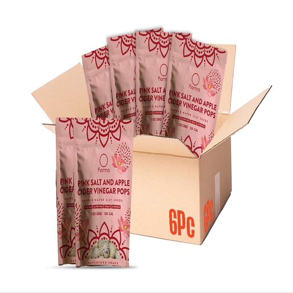 Karma Apple Cider Vinegar Pops - 3g Protein, Gluten-Free, Vegan, Non-GMO - Tangy ACV Flavor in Popped Water Lily Seeds for Snacking - 1 oz (Pack of 6)
