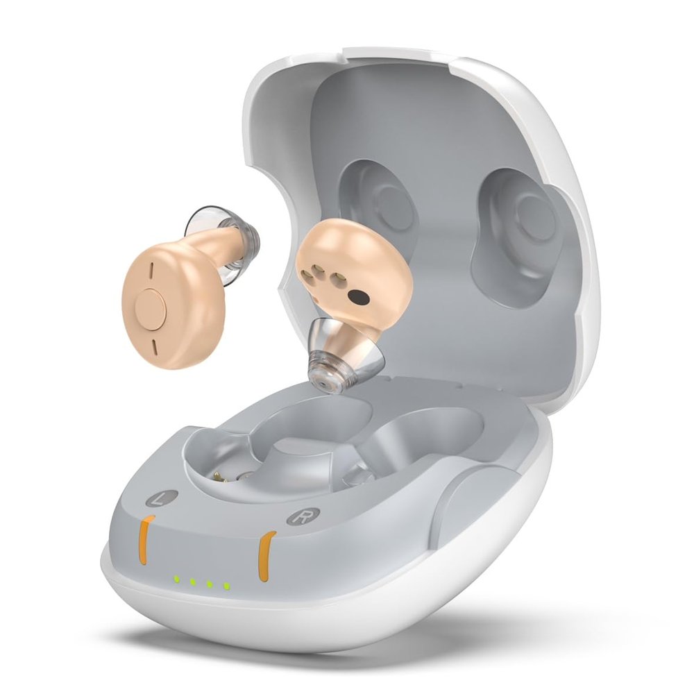 Dohelly Rechargeable Hearing Aids for Seniors Adults, Two Noise Reduction Modes, Large-Capacity Charging Case, Comfotable and Invisible, OTC (Beige)
