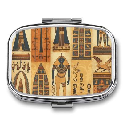Square Pill Box 2 Compartment Pill Case for Purse & Pocket Small Pill Organizer Ancient Egypt Tribe Series Travel Pillbox Portable Oil Storage Box Metal Medicine Vitamin Organizer Unique Gift