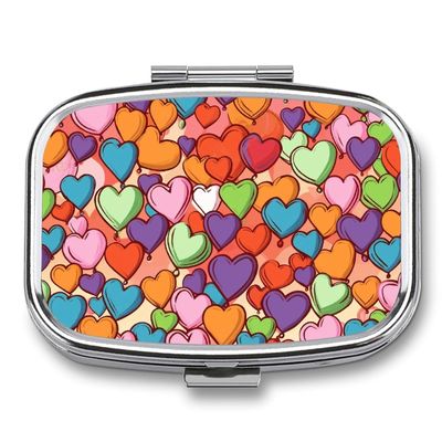 Square Pill Box 2 Compartment Pill Case for Purse & Pocket Small Pill Organizer Colorful Heart Pattern Travel Pillbox Portable Oil Storage Box Metal Medicine Vitamin Organizer Unique Gift