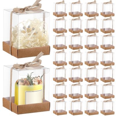 Cunno 36 Set 3.5 x 3.5 x 4.3 in Candle Gift Package Valentine's Transparent Box 4-18 oz Handmade Tealight Candle Holder Paper Bottom Ribbon for Wedding Baby Shower Party Mug(Kraft Color)