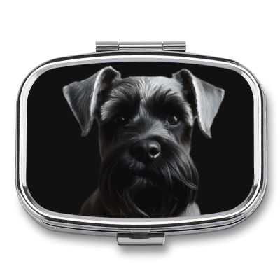 Square Pill Box 2 Compartment Pill Case for Purse & Pocket Small Pill Organizer Black Schnauzer Dog Travel Pillbox Portable Oil Storage Box Metal Medicine Vitamin Organizer Unique Gift