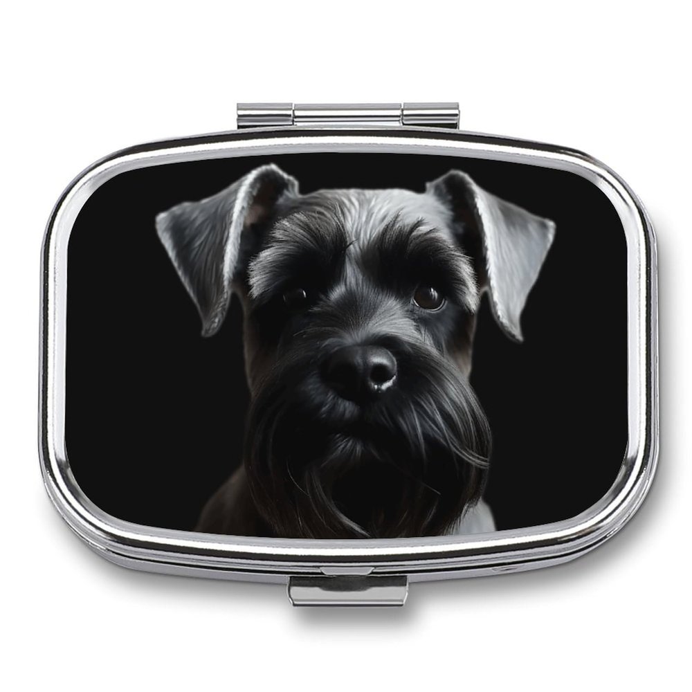 Square Pill Box 2 Compartment Pill Case for Purse & Pocket Small Pill Organizer Black Schnauzer Dog Travel Pillbox Portable Oil Storage Box Metal Medicine Vitamin Organizer Unique Gift