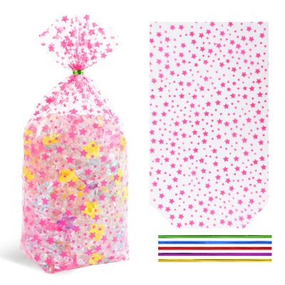SOMIOCO Star Flat Bottom Gusset Cellophane Bags 8X 10 IN 50 PCS Clear Cellophane Gift Bags Party Favor Bags Pink Cello Cellophane Treat Goodie Bags for Party Favors Packaging Candy Cookies Popcorn