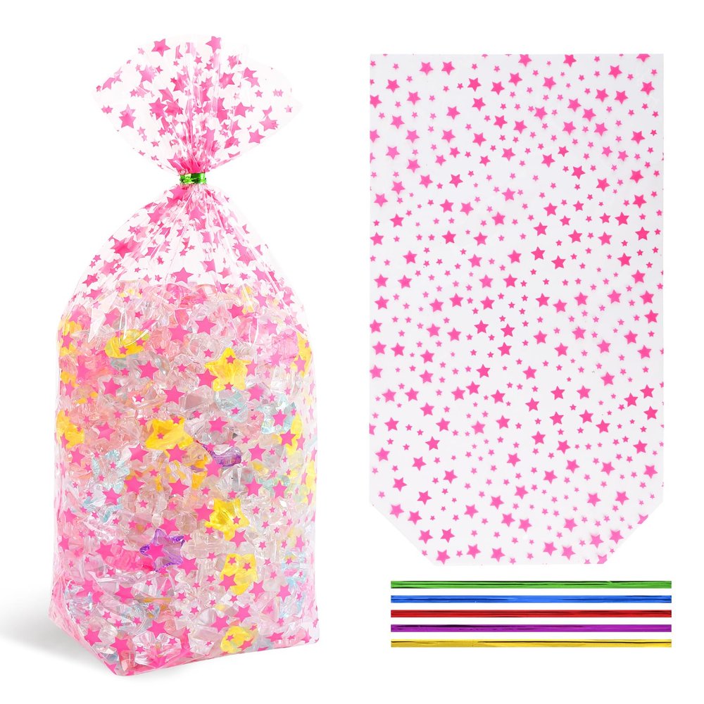 SOMIOCO Star Flat Bottom Gusset Cellophane Bags 8X 10 IN 50 PCS Clear Cellophane Gift Bags Party Favor Bags Pink Cello Cellophane Treat Goodie Bags for Party Favors Packaging Candy Cookies Popcorn