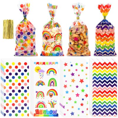 120 PCS Rainbow Cellophane Treat Bags, Colorful Cellophane Bags, Plastic Star Polka Dot Stripes Printed Candy Cookies Goodie Gift Bag for Valentine's Day Kids Birthday Party Holiday Favor Supplies