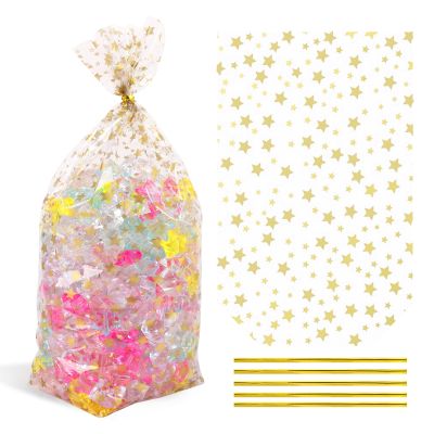 SOMIOCO Flat Bottom Gusset Cellophane Bags 8X 10 IN 50 PCS Gold Star Clear Cellophane Gift Treat Goodie Bags for Party Favors Packaging Candy Cookies Popcorn