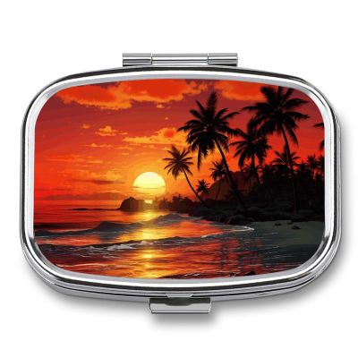 Square Pill Box 2 Compartment Pill Case for Purse & Pocket Small Pill Organizer Tropical Sunset Travel Pillbox Portable Oil Storage Box Metal Medicine Vitamin Organizer Unique Gift