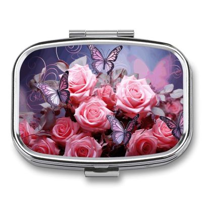 Square Pill Box 2 Compartment Pill Case for Purse & Pocket Small Pill Organizer Pink Roses and Butterflies Travel Pillbox Portable Oil Storage Box Metal Medicine Vitamin Organizer Unique Gift
