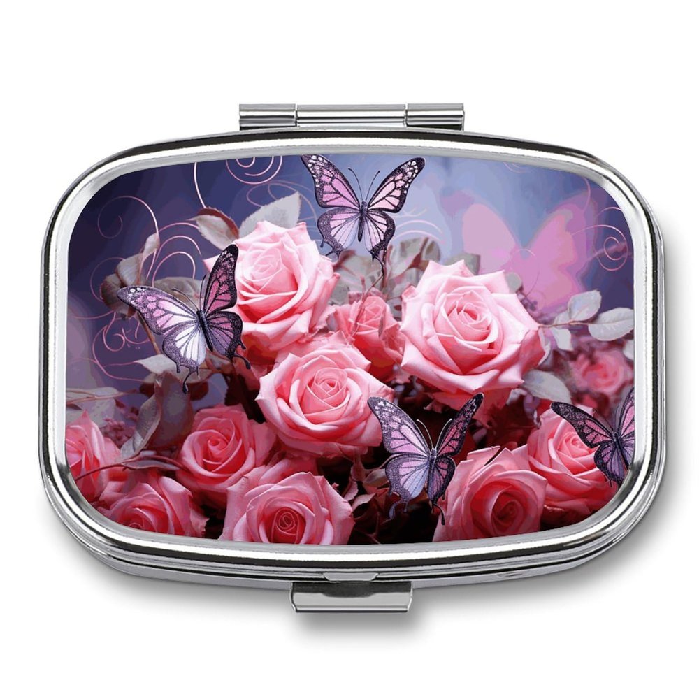 Square Pill Box 2 Compartment Pill Case for Purse & Pocket Small Pill Organizer Pink Roses and Butterflies Travel Pillbox Portable Oil Storage Box Metal Medicine Vitamin Organizer Unique Gift