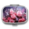 Square Pill Box 2 Compartment Pill Case for Purse & Pocket Small Pill Organizer Pink Roses and Butterflies Travel Pillbox Portable Oil Storage Box Metal Medicine Vitamin Organizer Unique Gift view 1