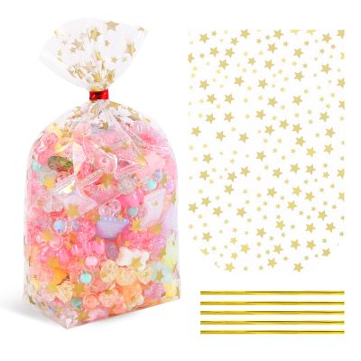 SOMIOCO Gold Star Flat Bottom Gusset Cellophane Bags 4X 6 IN 100 PCS Clear Gift Party Favor Cello Treat Goodie for Packaging Candy Cookies Popcorn