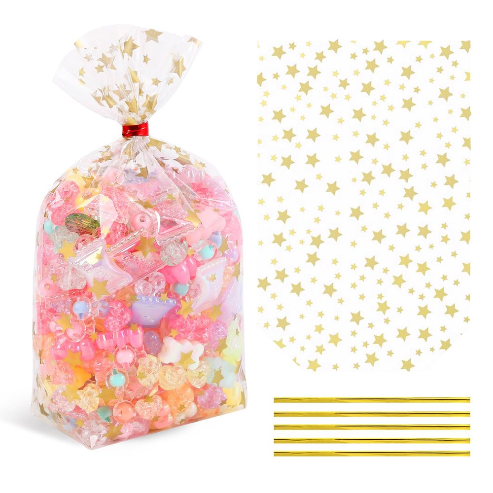 SOMIOCO Gold Star Flat Bottom Gusset Cellophane Bags 4X 6 IN 100 PCS Clear Gift Party Favor Cello Treat Goodie for Packaging Candy Cookies Popcorn