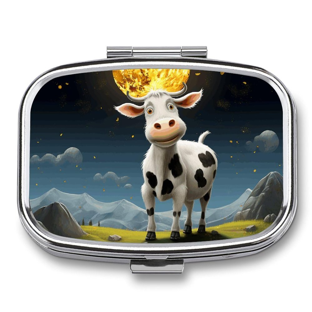 Square Pill Box 2 Compartment Pill Case for Purse & Pocket Small Pill Organizer Cow Over The Moon Travel Pillbox Portable Oil Storage Box Metal Medicine Vitamin Organizer Unique Gift