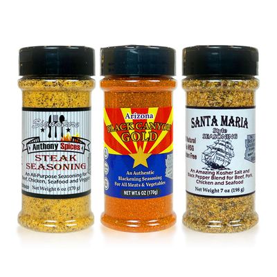 Anthony Spices - Steak Seasoning 3-Pack. This package includes Anthony Spices Signature Steak Seasoning, Arizona Black Canyon Gold and our Arizona Style Santa Maria. Each crafted to enhance the natural flavors of your meats or vegetables while adding
