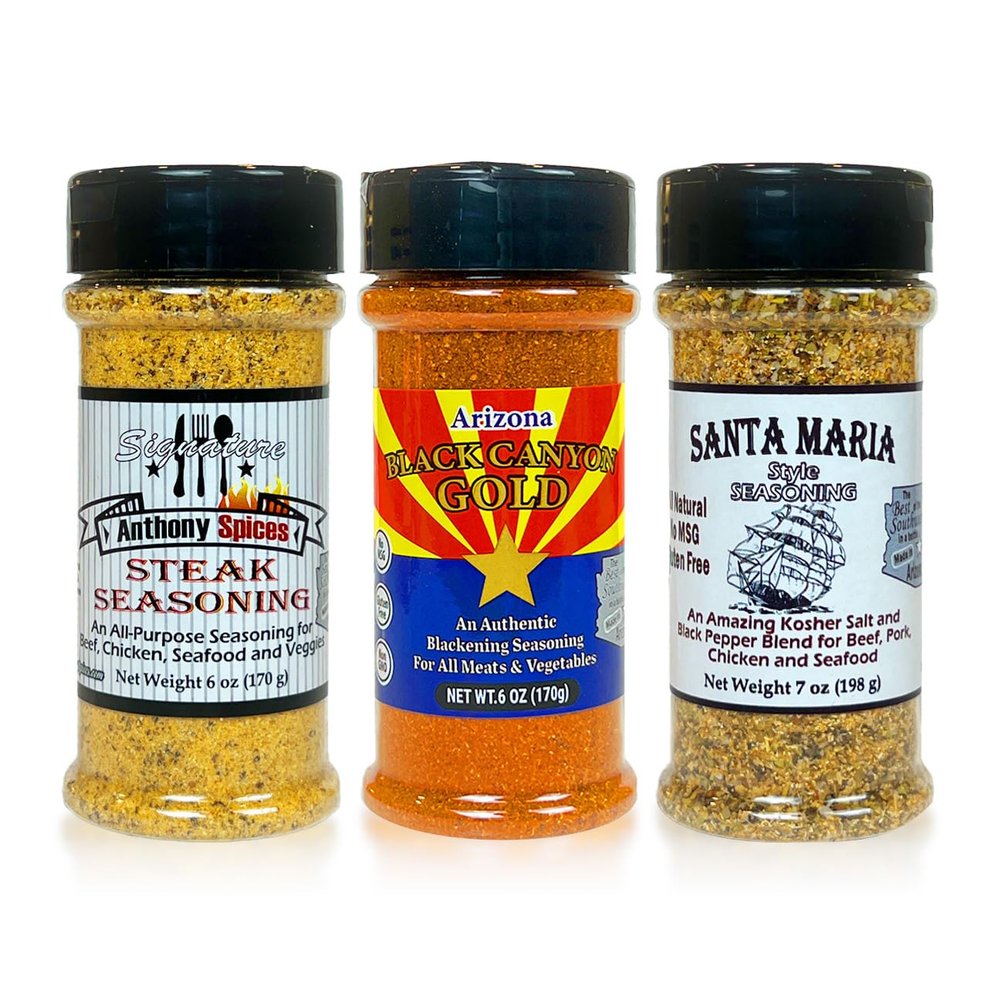 Anthony Spices - Steak Seasoning 3-Pack. This package includes Anthony Spices Signature Steak Seasoning, Arizona Black Canyon Gold and our Arizona Style Santa Maria. Each crafted to enhance the natural flavors of your meats or vegetables while adding