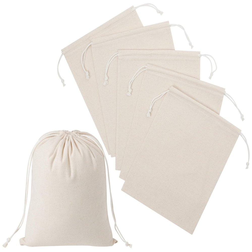 100 Percent Cotton Drawstring Bags, Reusable Quality with Double String, For Pantry Gifts Kitchen - Pack of 6 (Natural Beige, 7 x 9 Inch)