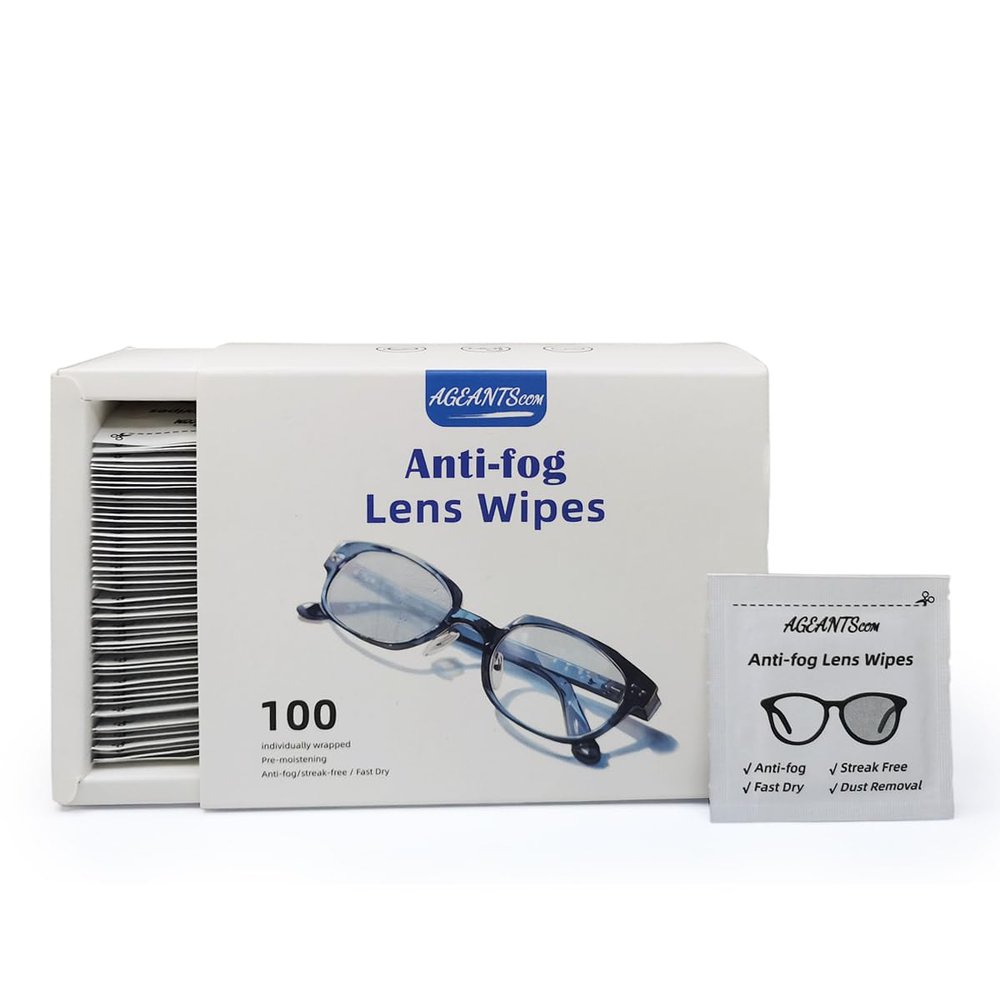 ageantscom Anti Fog Wipes for Glasses(100-pack), Individually Wrapped, Pre-Moistened, Quick-Dry, Streak-Free Anti Fog Lens Wipes for Eyeglass, Goggles, Phone, Camera Lens,Laptop Screens