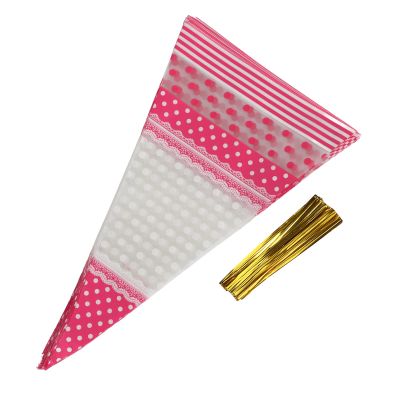 Cone Treat Bags, 50 Piece Clear Cone Shaped Treat Popcorn Bags Treat Bags Cellophane Candy Bags with Twist Ties(Pink 4 silk*17CM*30CM)