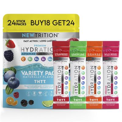 NewTrition Hydration Powder, 4 Flavors, Pack of 24 Electrolyte Powder Packets, Naturally Flavored Hydrating Packets for Water, Fast Acting Hydrate Electrolytes with Vitamins B&C, Energy & Recovery