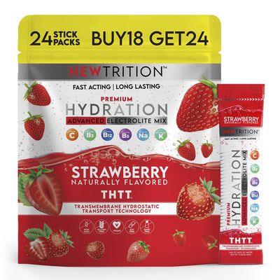 NewTrition Hydration Powder, Strawberry Pack of 24 Electrolyte Powder Packets, Naturally Flavored Hydrating Packets for Water, Fast Acting Hydrate Electrolytes with Vitamins B&C, Energy & Recovery