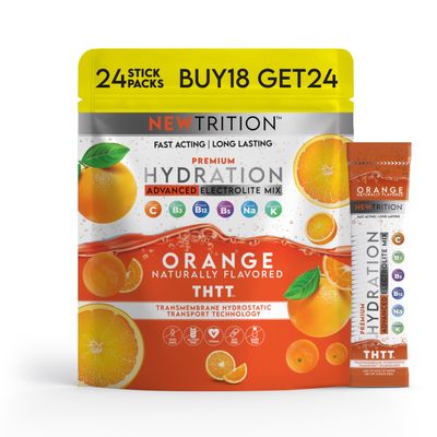 NewTrition Hydration Powder, Orange Pack of 24 Electrolyte Powder Packets, Naturally Flavored Hydrating Packets for Water, Fast Acting Hydrate Electrolytes with Vitamins B & C, Energy & Recovery